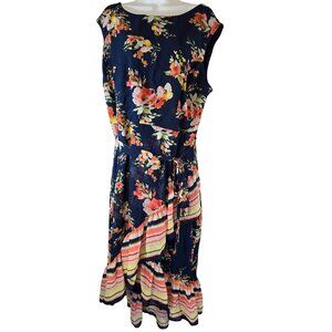 Roz & Ali Size 20 Dark Blue Floral Ruffle Dress with Fabric Belt